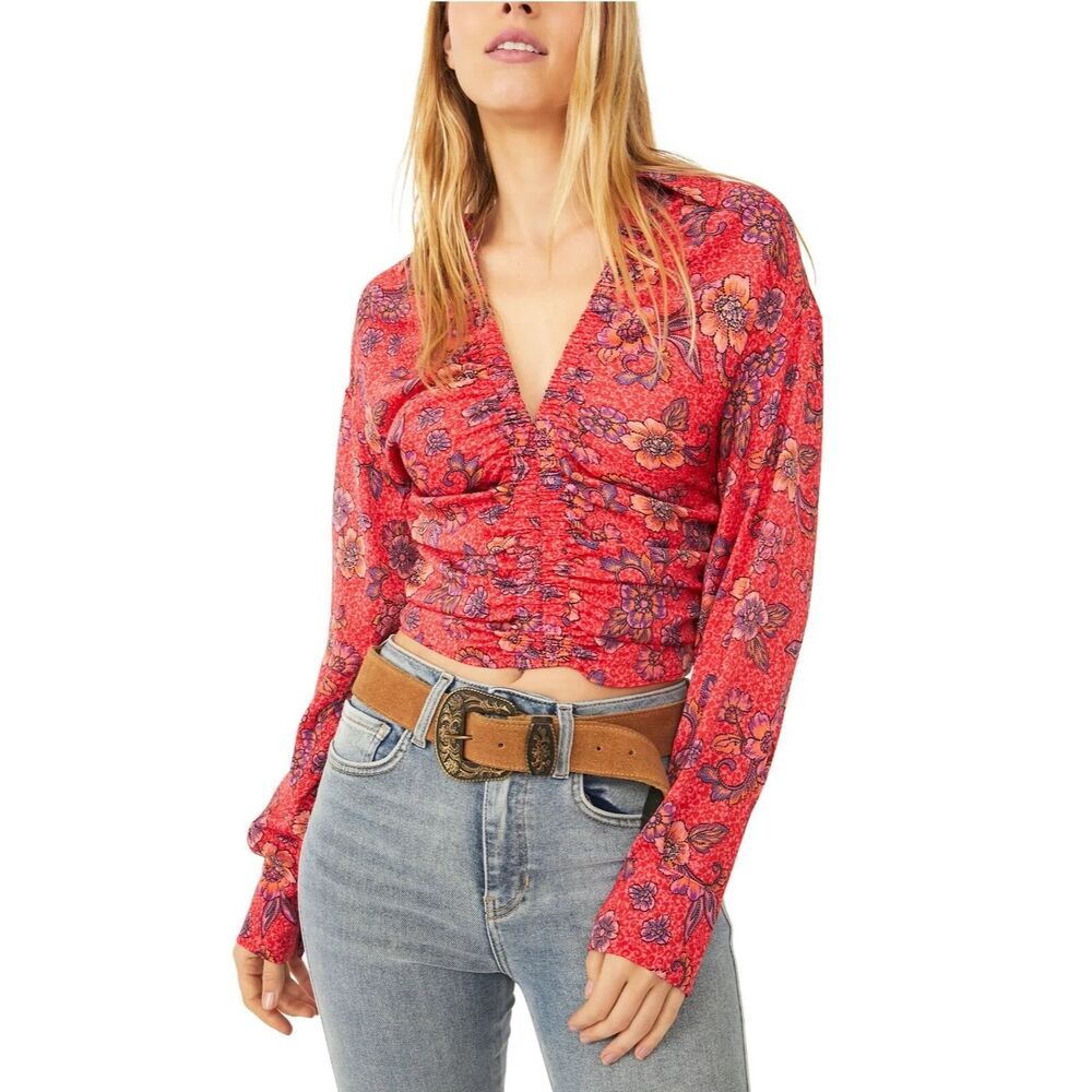 NWT Free People Ruby I Got You Crop Floral Printed Smocked Blouse Womens XL